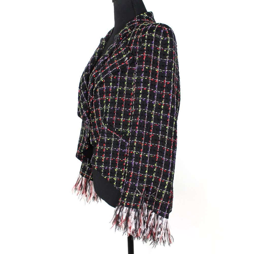 Chanel Black Multicolor Plaid Tweed Ostrich Feather Trim Cuffs Blazer Jacket 44 - Picture 4 of 10